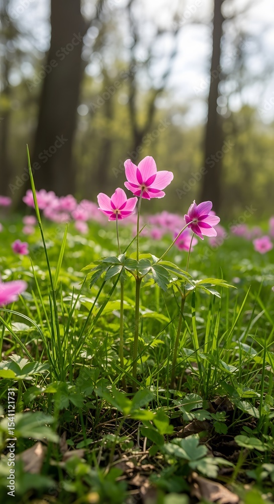Fototapeta premium Delicate Pink Wildflowers Blooming in a Sun-Dappled Forest