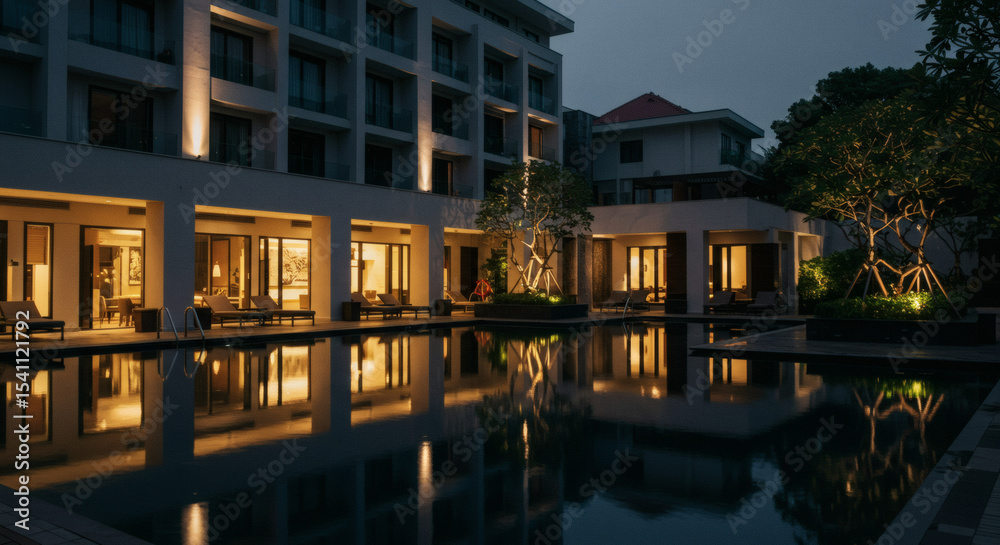 Fototapeta premium Stunning Nighttime Architecture Hotel Buildings and Pool Reflections