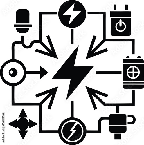 "Electric Power Flow and Circuit Icon Set Featuring Energy Distribution, Batteries, Switches, and Arrows in Silhouette Tech Style"
