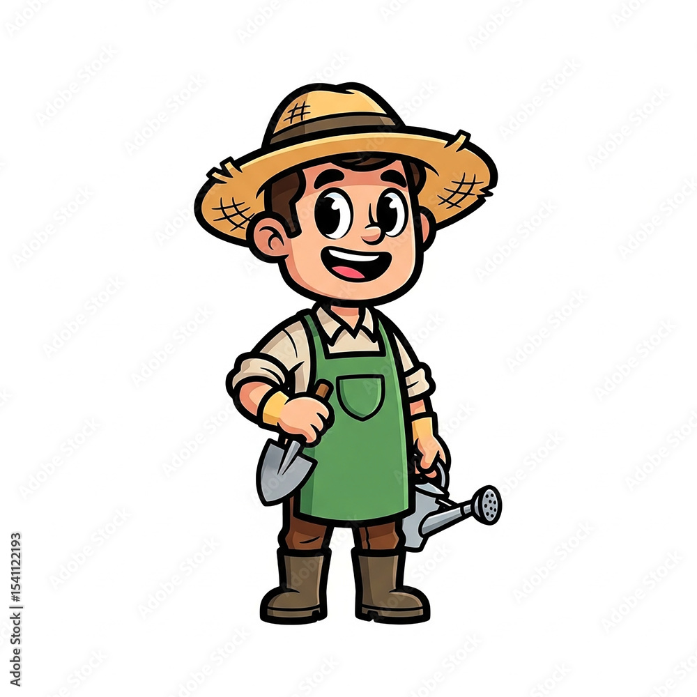 Happy Gardener Cartoon Illustration Smiling Farmer with Tools Happy Gardener Cartoon Illustration Smiling Farmer with Tools