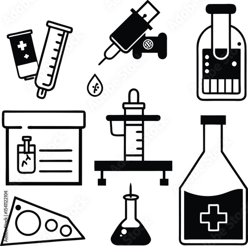 "Science and Laboratory Equipment Icon Set Featuring Syringes, Beakers, Flasks, Droppers, and Experiment Tools in Bold Line Style"