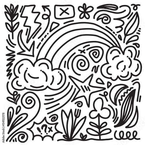 hand-drawn doodle kids. Various icons such as rainbow, stars, lightning, arrows, leaves, flower isolated on white background.