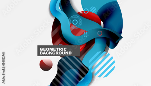 Abstract design features flowing shapes, vibrant colors. Blue, red gradients create dynamic composition. Modern geometric background.