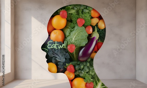Silhouette of Head Filled with Fresh Vegetables and Fruits in Bright Room with Sunlight Promoting Health Diet and Nutrition for Mind Wellness and Healthy Lifestyle Concept and Vibrant Food Art for