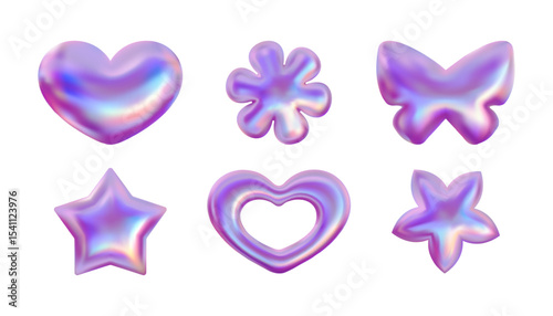 Pink vector 3d icon set. Y2k metallic emoji. Heart, flower, butterfly and star. Holographic stickers collection