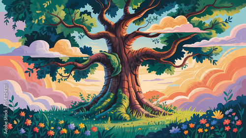 Majestic Oak Tree at Sunset in Whimsical Children's Book Style