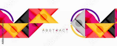 Geometric shapes, vibrant colors create modern abstract design. Purple accents complement pink, yellow, black elements.