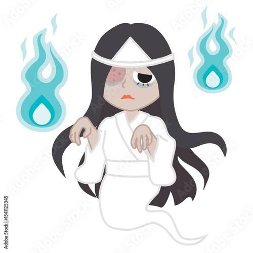 日本の幽霊お岩さんと青い人魂のベクターイラストセット