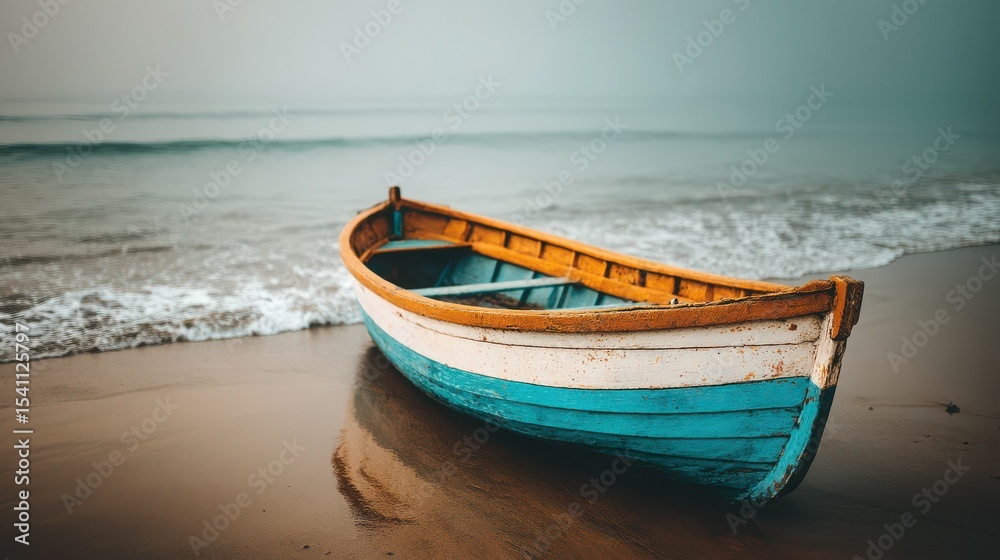 Naklejka premium Weathered Blue Fishing Boat on Sandy Shoreline