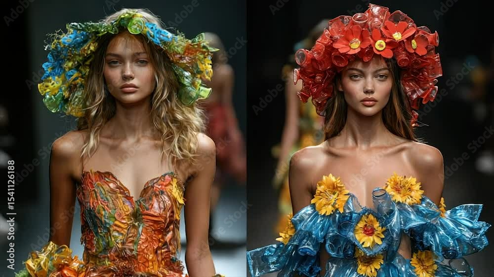Models showcase avant-garde dresses and headpieces crafted from recycled materials, featuring vibrant floral designs and asymmetrical silhouettes