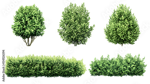 Collection of meticulously trimmed boxwood shrubs and bushes on black background