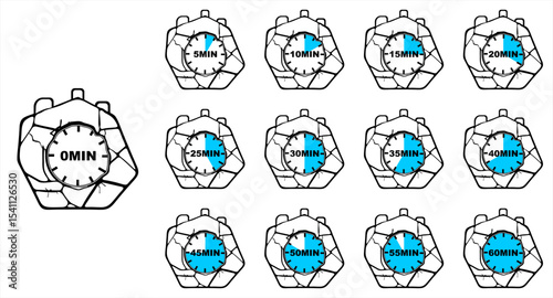 Digital Timer Icons Set Interval Countdown from 0 to 60 Minutes, Workout Interval Timer, Flat Style Countdown Timer Illustration, Minute Progress Clock, stone textured and cracked watch
