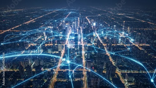 Futuristic Cityscape: Aerial View of Illuminated City with Data Network Connections