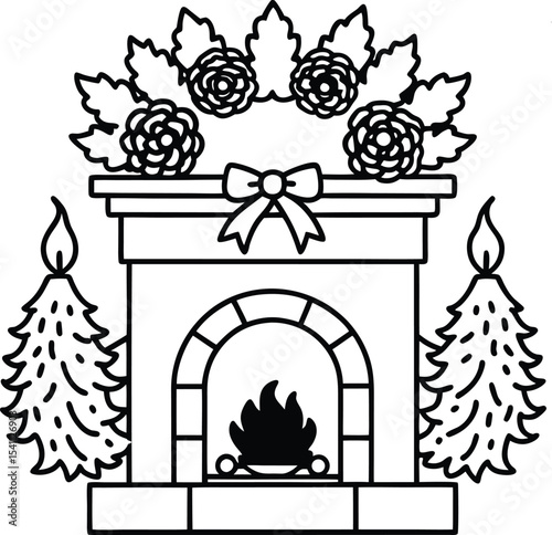 Festive Fireplace Outline – Christmas Mantel with Garland, Trees, and Candles