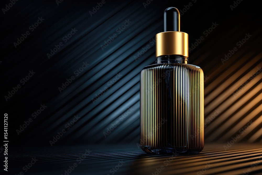Naklejka premium Dark glass dropper bottle with gold accents on a textured surface.