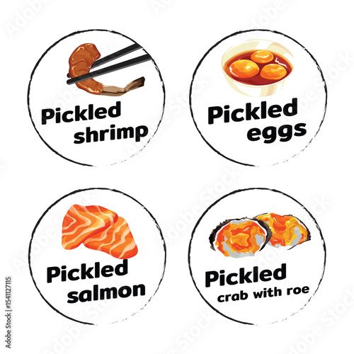 Collection of pickled seafood and eggs vector stickers. Featuring pickled shrimp, eggs, salmon, and crab with roe. Perfect for Asian food labels, menus, and food-related designs.