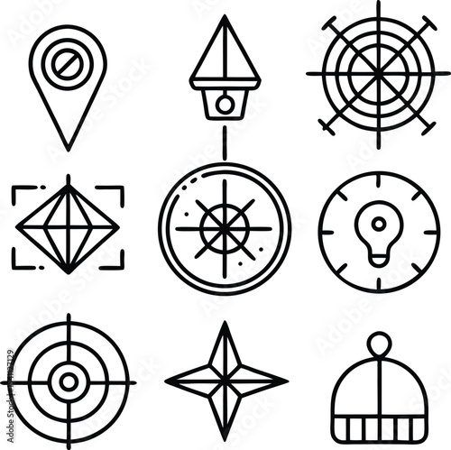 Modern Navigation and Compass Line Icon Set – Map Pin, Targets, Lightbulb, Star Points, and Directional Symbols