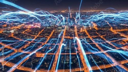Futuristic Cityscape with Data Streams: A Dynamic Visualization of Urban Connectivity and Digital Infrastructure