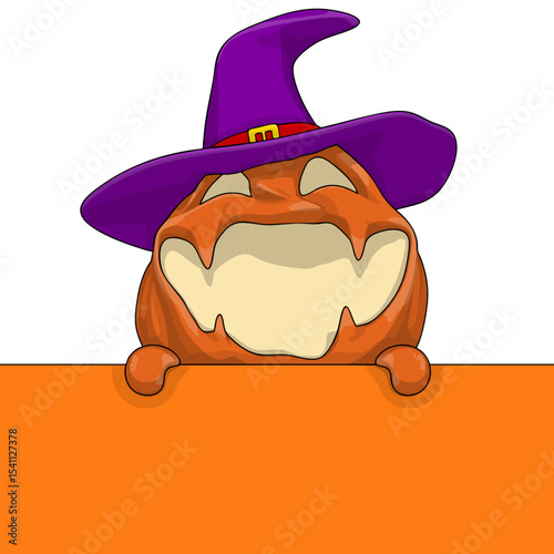 Halloween pumpkin funny and cute peeks out behind the wall. One of the symbols of the autumn holiday. Vector illustration.
