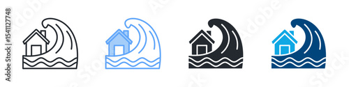 Tsunami Icon Set Multiple Style. Design In Outline, Blue, Glyph, Dual Tone
