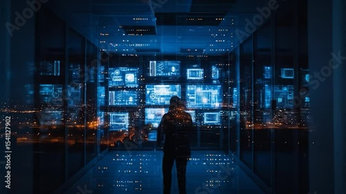 Futuristic Data Center: Man Standing Before Screens Displaying Complex Data and Cityscape Reflection