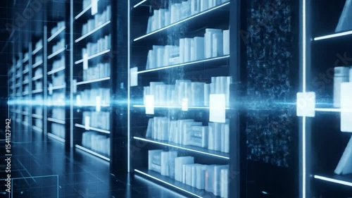 Futuristic Digital Library: Glowing Bookshelves and Data Streams in a Virtual Space