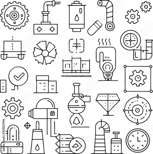 Industrial and Engineering Line Icon Set – Factory Equipment, Gears, Pipelines, Tools, and Mechanical Process Symbols