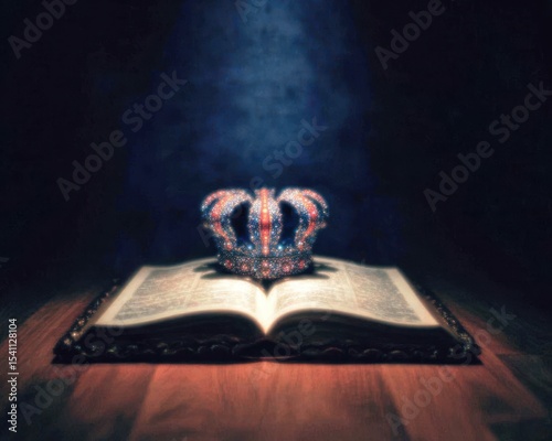 Regal crown atop an ancient book, bathed in dramatic light