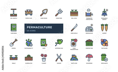 Permaculture Icon Set with Sustainable Farming and Eco Practices
