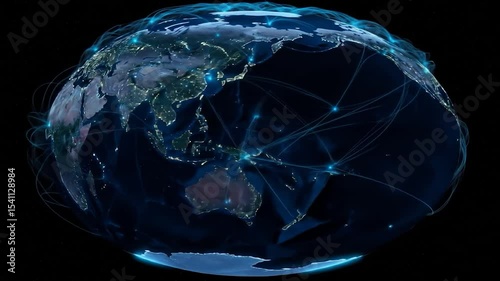 Global Network Connection: Earth with Glowing City Lights and Data Transfer Lines