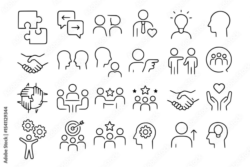 Teamwork and Collaboration Line Icons Set. Teamwork, collaboration, cooperation, partnership, unity, partnership, communication, discussion, idea, solution, head, profile, human, person, business, cor