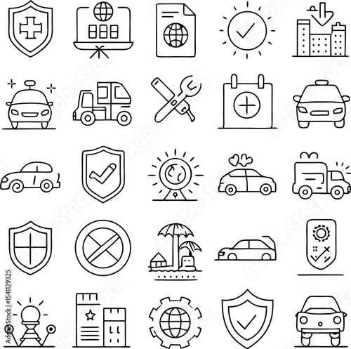 "Automotive, Travel, and Safety Line Icon Set – Vehicle, Repair, Shield Protection, and Transportation Symbols"