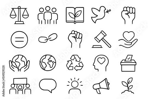Human Rights and Social Justice Line Icons Set. Human rights, justice, equality, freedom, responsibility, community, teamwork, education, knowledge, peace, dove, protest, fist, gavel, law, heart, love