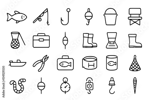 Minimal Fishing and Angling Line Icons Set. Fishing, angling, fish, fishing rod, hook, float, bobber, bucket, chair, net, tackle box, boots, waders, lure, boat, pliers, bait, worms, canned fish, can, 