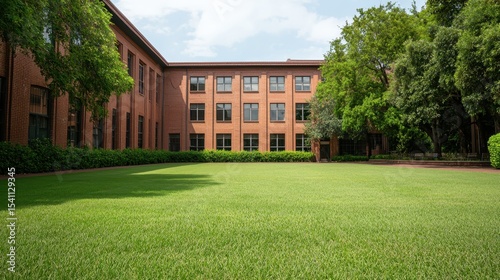Serene Green Lawn Surrounded by Red Brick Building Under Clear Blue Sky in a Peaceful Urban Setting