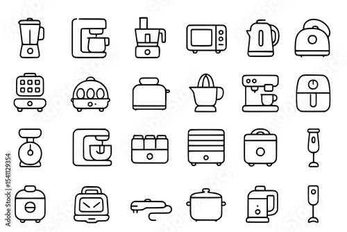 Kitchen Appliances and Gadgets Line Icons Set. Kitchen appliances, blender, coffee maker, food processor, microwave, kettle, toaster, waffle maker, egg cooker, juicer, air fryer, scale, stand mixer, e