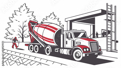 Cement Mixer Truck Delivering Concrete at Construction Site.