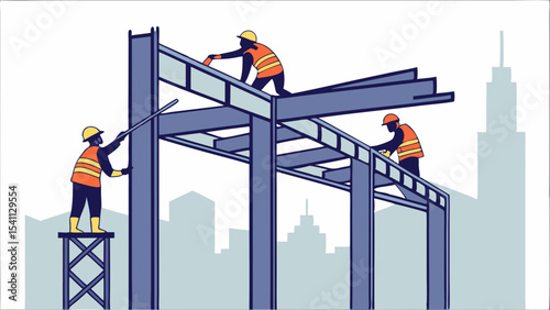 Construction Workers Assembling Steel Structure with Cityscape Background Illustration.