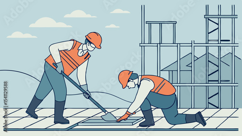 Construction workers installing tiles on a building site wearing safety gear.