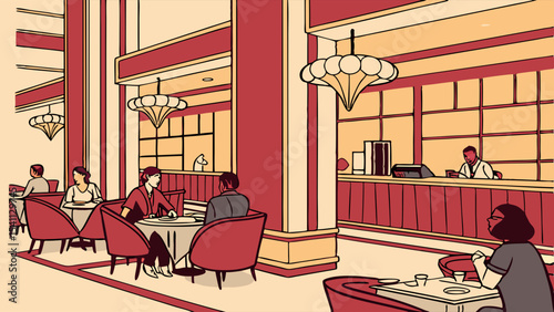 Elegant Restaurant Interior with Patrons Dining.
