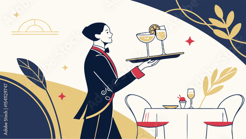 Elegant waiter serving drinks at a restaurant table illustration.