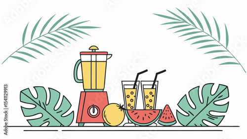 Illustration of a blender glasses of juice and various fruits.