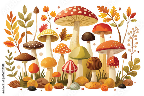 Whimsical Autumn Forest Mushrooms and Foliage Watercolor Illustration