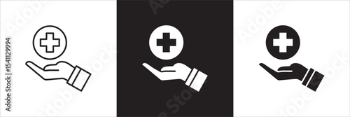 Healthcare icon set. Digital health care icon. Hands with cross medic symbol. Health insurance symbol. Icon symbol compatible for doctor, clinic, hospital, medical consultation. Vector illustration.