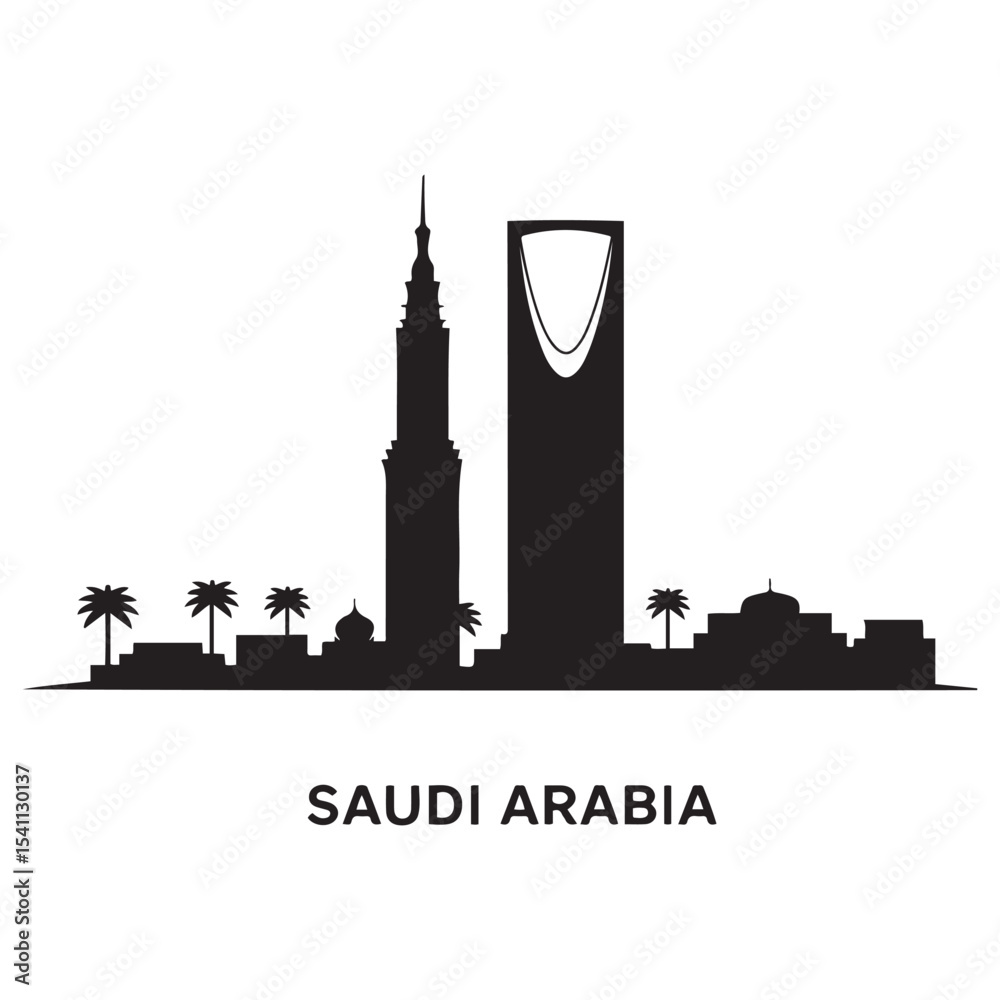 Fototapeta premium Saudi Arabia skyline and landmarks. Vector black silhouette. with white background