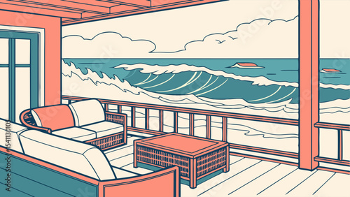 Ocean View from a Coastal Veranda with Furniture.