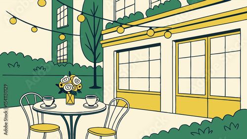 Outdoor Patio Cafe Scene with Cozy Ambiance.
