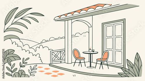 Outdoor cafe scene with chairs table plants and distant landscape.