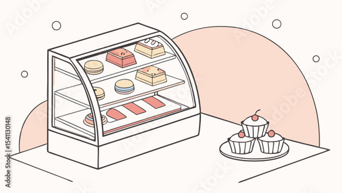 Pastry Display Case with Cakes Macarons and Cupcakes.