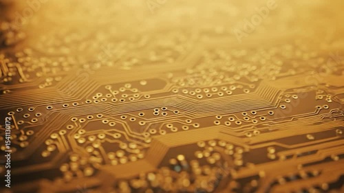 Golden Circuit Board Close-Up: Technological Innovation and Connectivity in Motion
